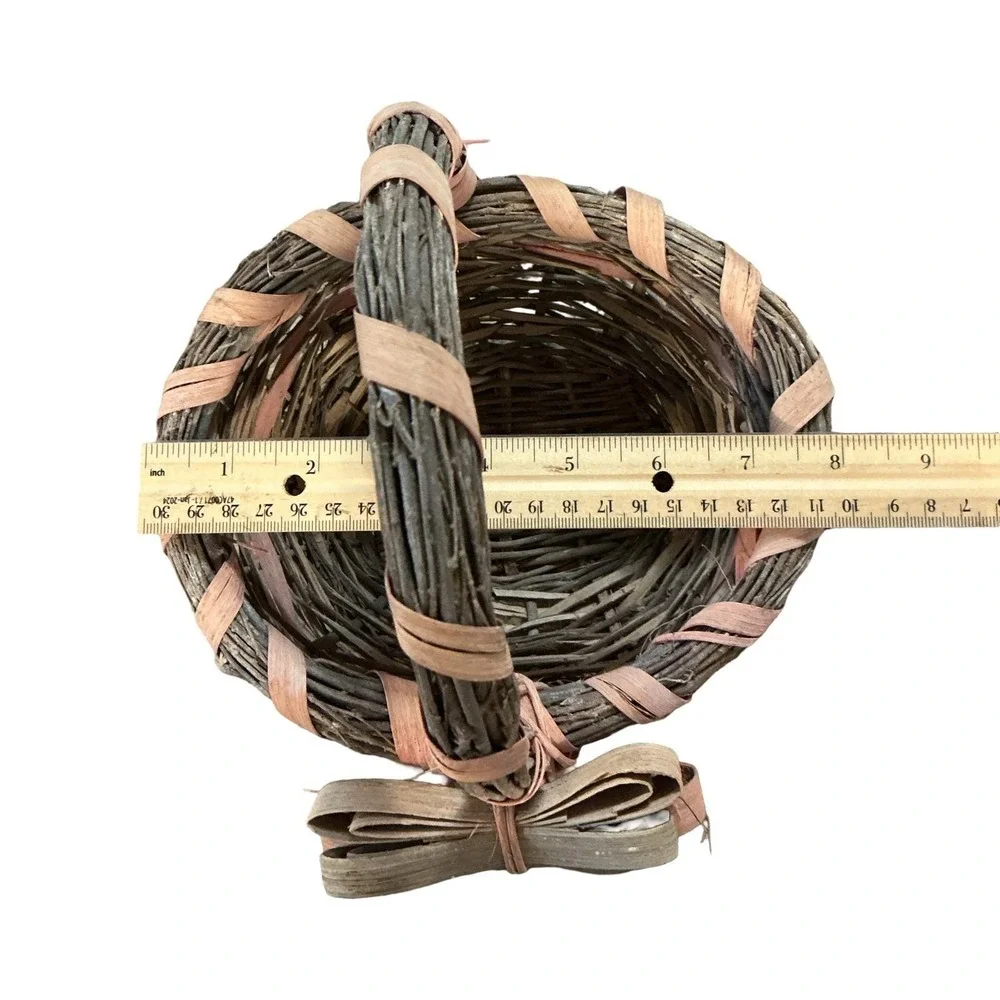 Vintage Rustic Twig‎ Woven Basket Pink Raffia Bow Small Decorative 10x8x6